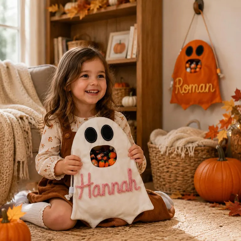 Personalized Rope Embroidery Ghost Halloween Candy Bag Custom Name Trick or Treat Bucket