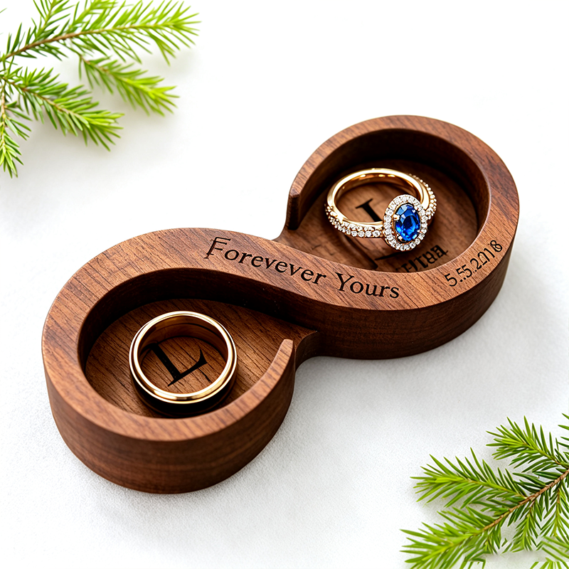 Personalized Infinity Walnut Wooden Ring Dish, Wedding Month Flower Ring Holder, Valentine’s Day Gift, Wedding, Engagement, Anniversary Gift for Her