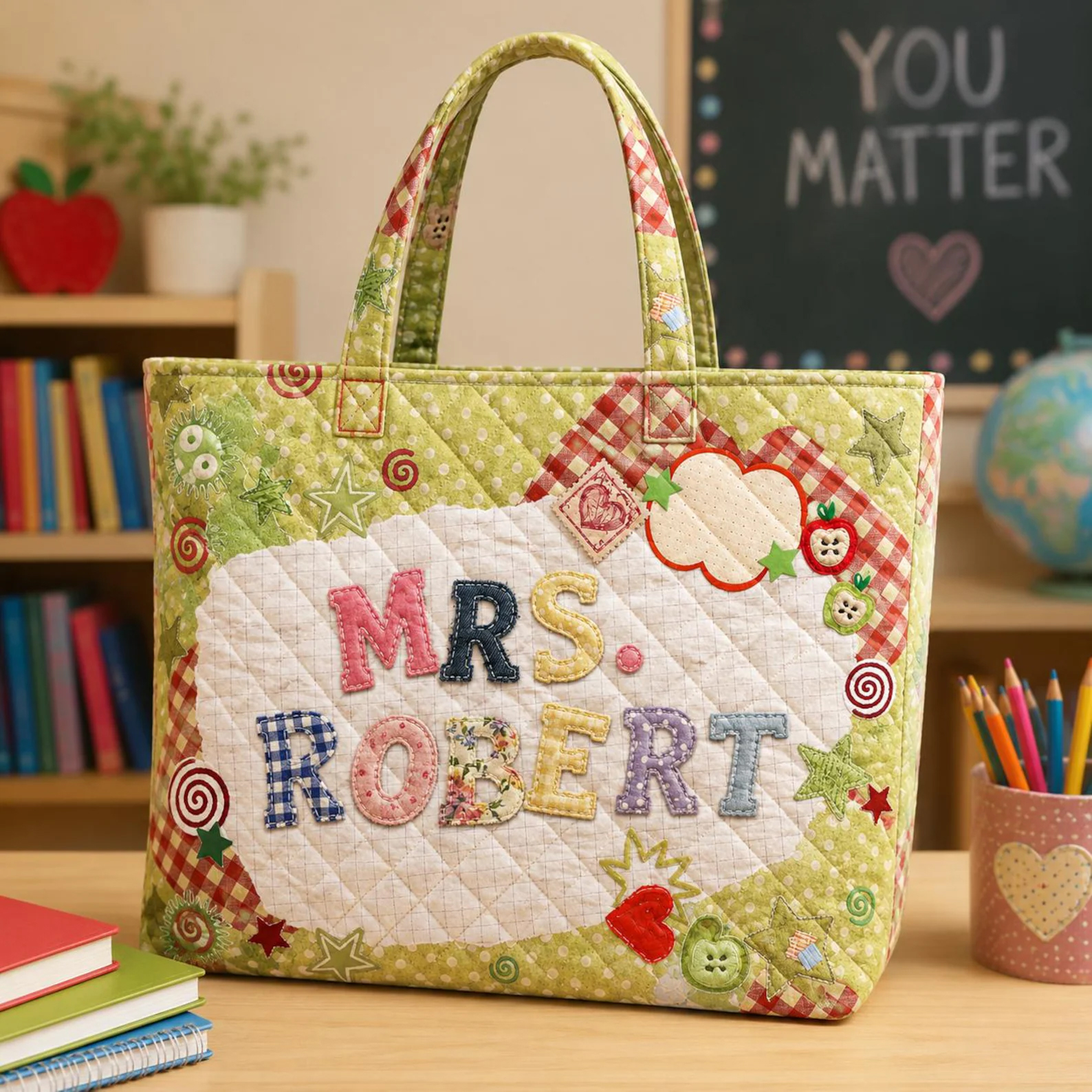 Personalized Teacher Quilted Tote Bag Custom Name Patchwork Print Tote Back To School Teacher Gift