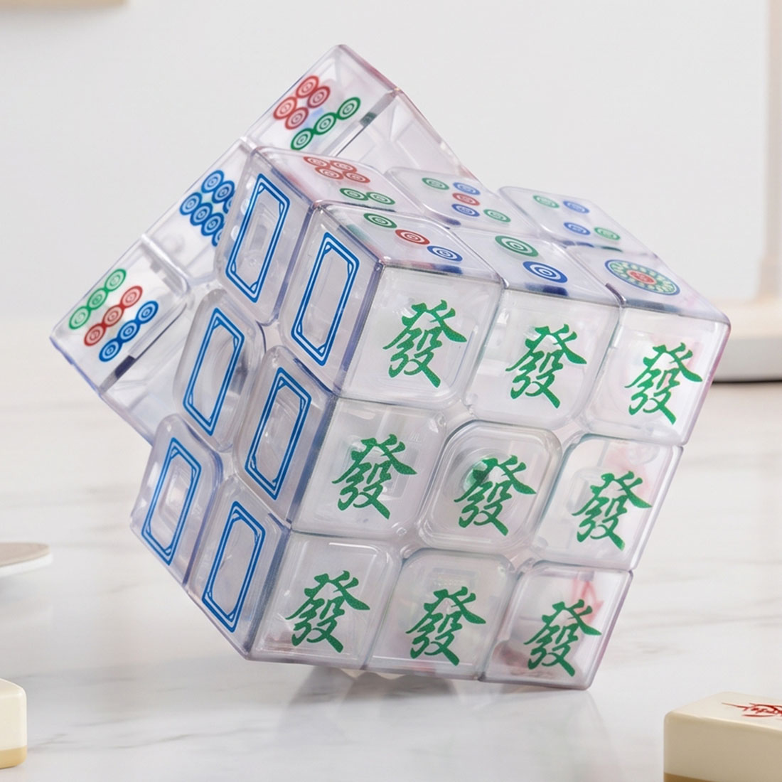 Mahjong Crystal Cube White Transparent Puzzle with Chinese Mahjong Tile Design Unique Fidget Toy & Collector Gift