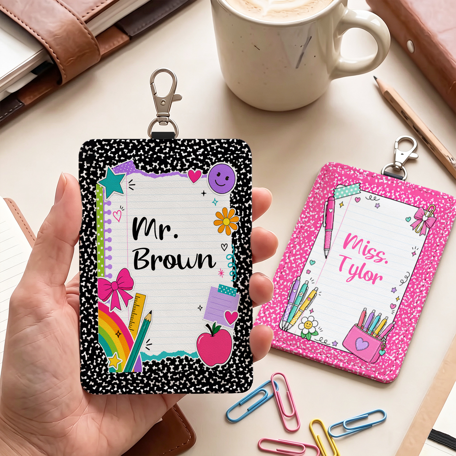 Personalized Preppy Style Doodle School Card Holder with Custom Name Daily Use Teacher's Day Back to School Gift for Teacher