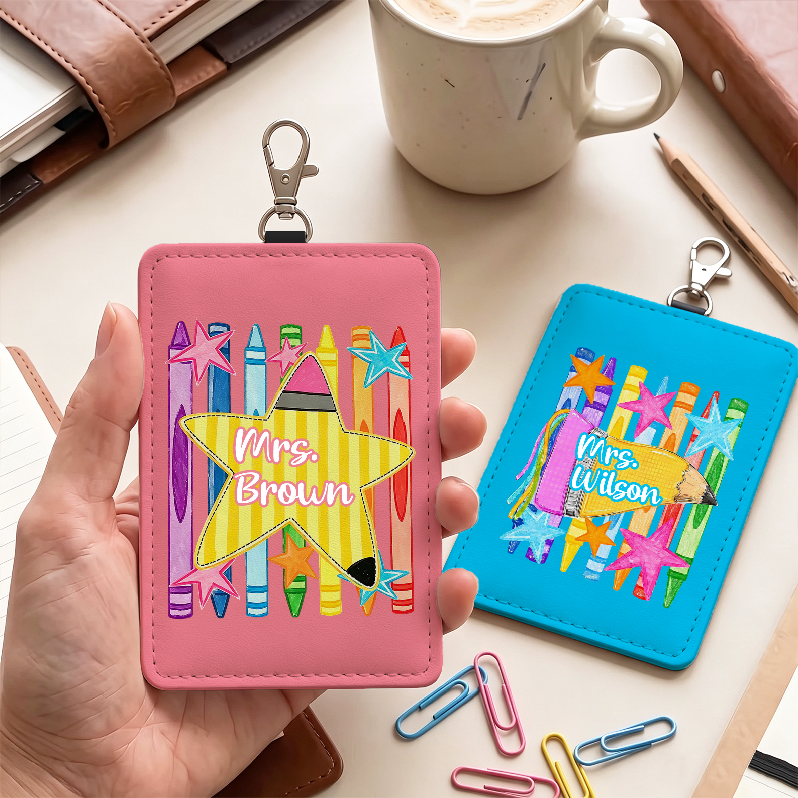 Personalized Multicolor Crayon Stars Card Holder with Title & Surname Teacher's Day Appreciation Birthday Gift for Teachers