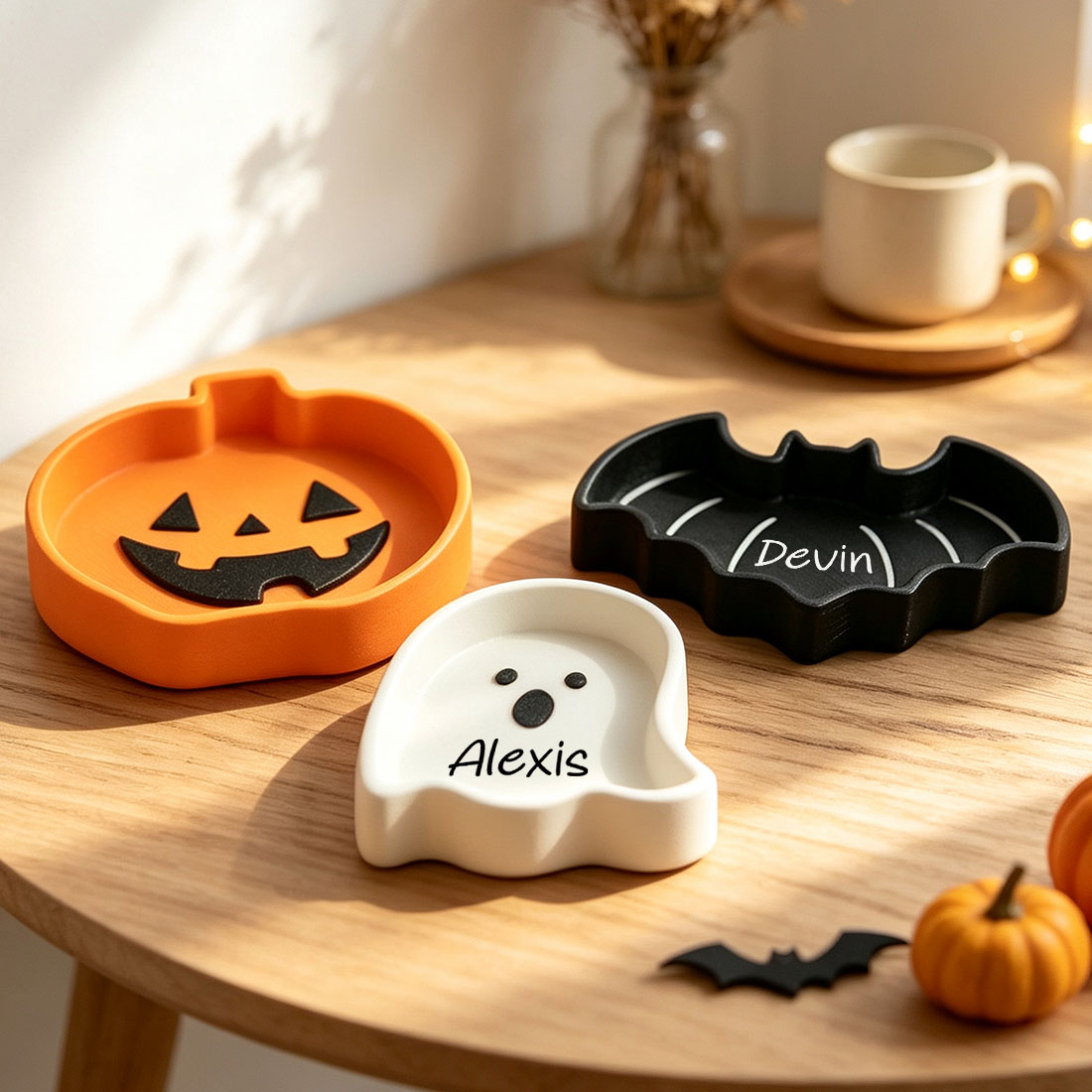 Personalized Halloween Trinket Dish 3D Printed Pumpkin Bat & Ghost Candy Tray Custom Name Spooky Season Gift