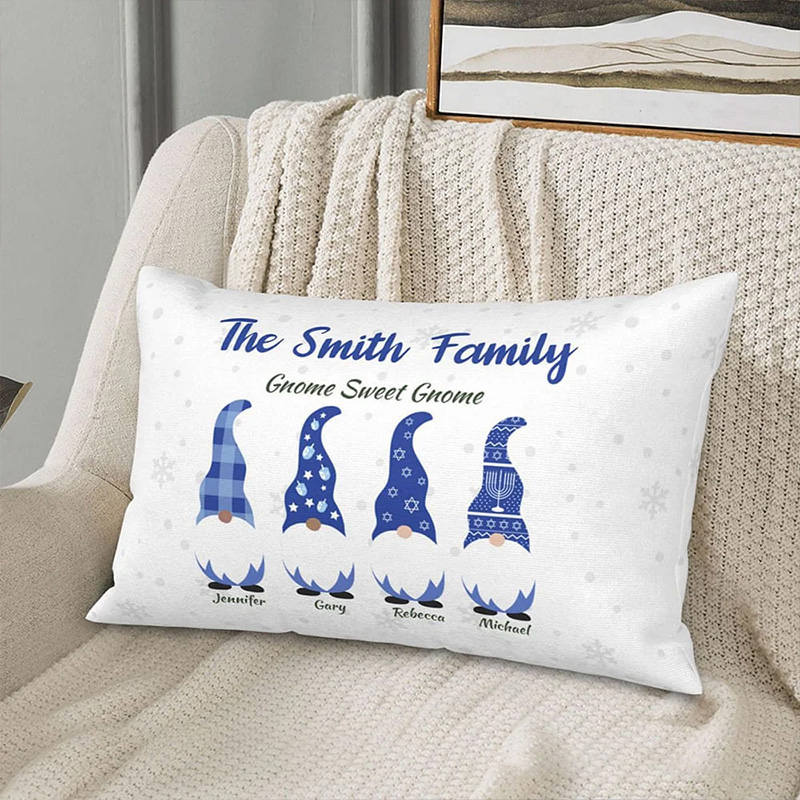 Personalized Cute Hanukkah Gnome Family Throw Pillow Cover with 1-8 Names Happy Hanukkah Gift for Jewish Family