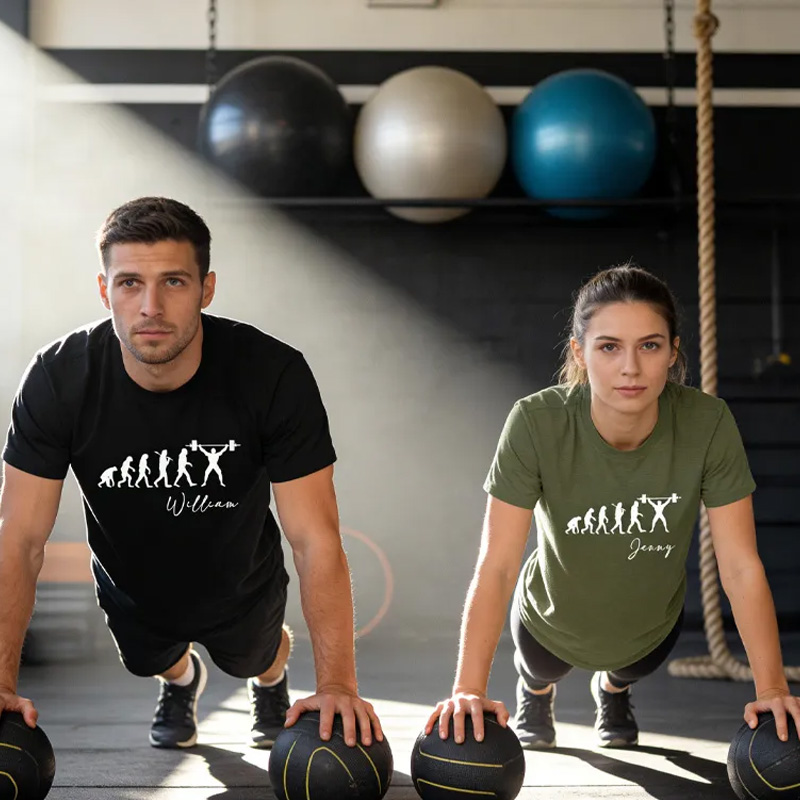Personalized Evolution of Weightlifting Couple Classic T-Shirt with Name Weightlifting Gift Bodybuilding Powerlifting for Gym Lover
