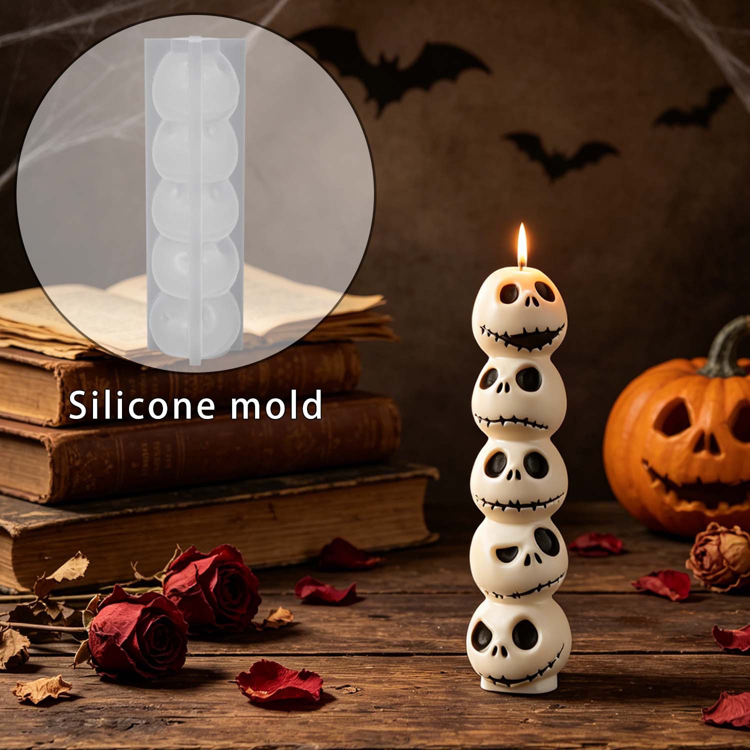 Five Skull Scented Candle Mold Halloween Stacking Skull Ornament Silicone Mold