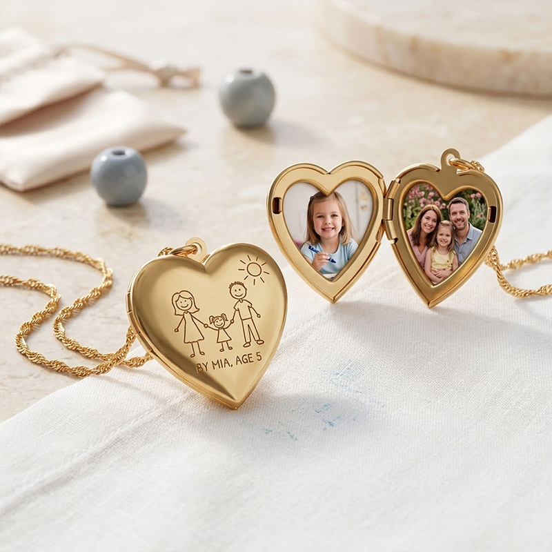 Personalized Kids Drawing Photo Locket Necklace Custom Child's Drawing Heart Locket Necklace for Mom Family Gift