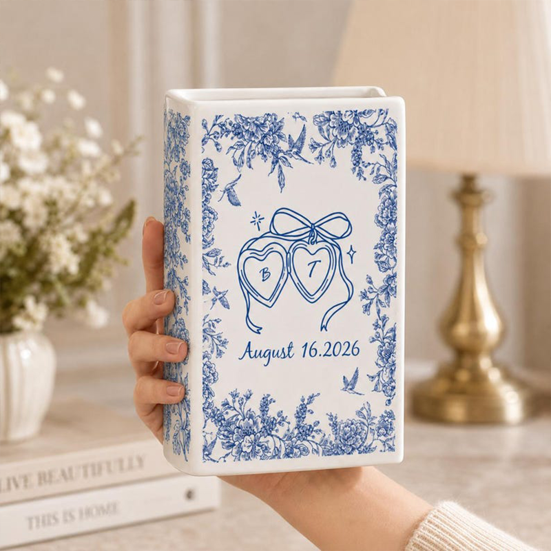 Personalized Wedding Ceramic Book Vase Toile de Jouy Vase Bridal Shower Gift Custom Wedding Vase Couple Wedding Gift Anniversary Gift