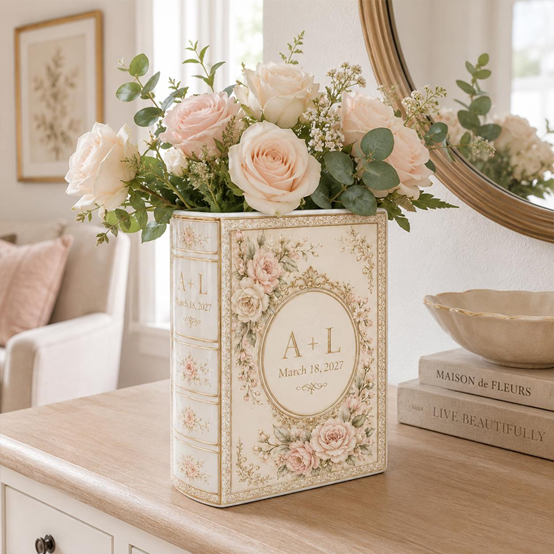 Personalized Ceramic Book Vase, Custom Wedding Book Flower Vase, Couple Anniversary Gift, Literary Home Decor, Bridal Shower Keepsake