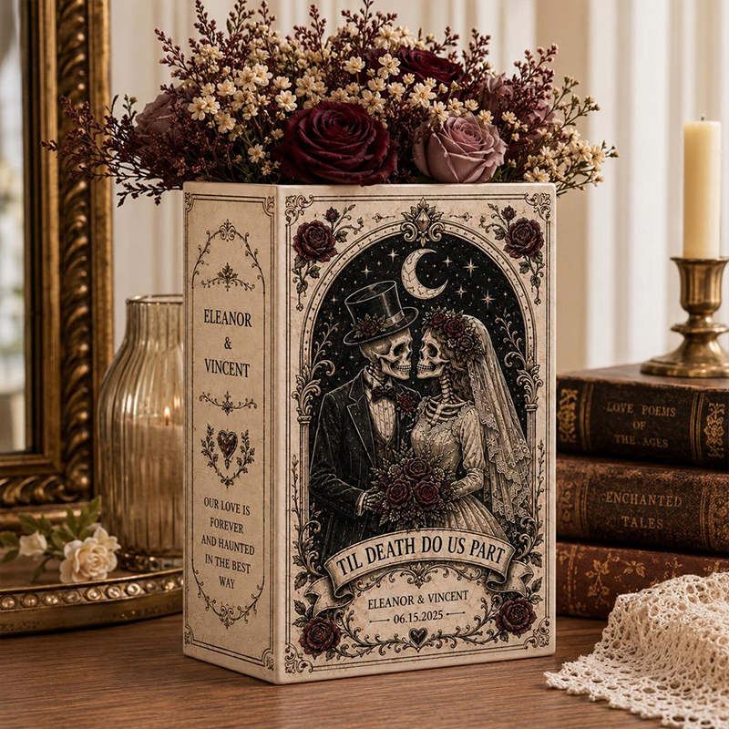 Personalized Gothic Book Vase, Custom Skeleton Bride and Groom Wedding Vase, Dark Romance Anniversary or Newlywed Gift for Couples