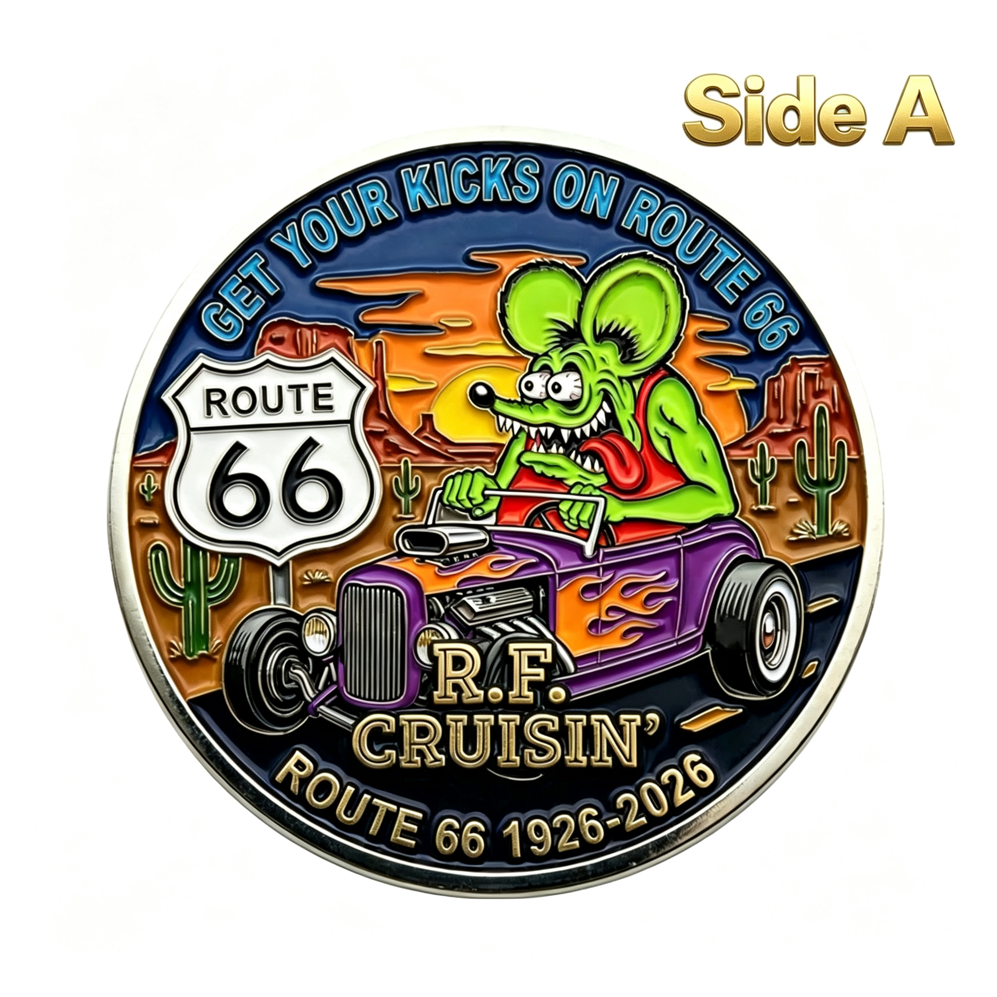 Route 66 100th Anniversary Rat Fink Challenge Coin 1926-2026,Vintage Hot Rod & Motorcycle Enamel Collectible Coin