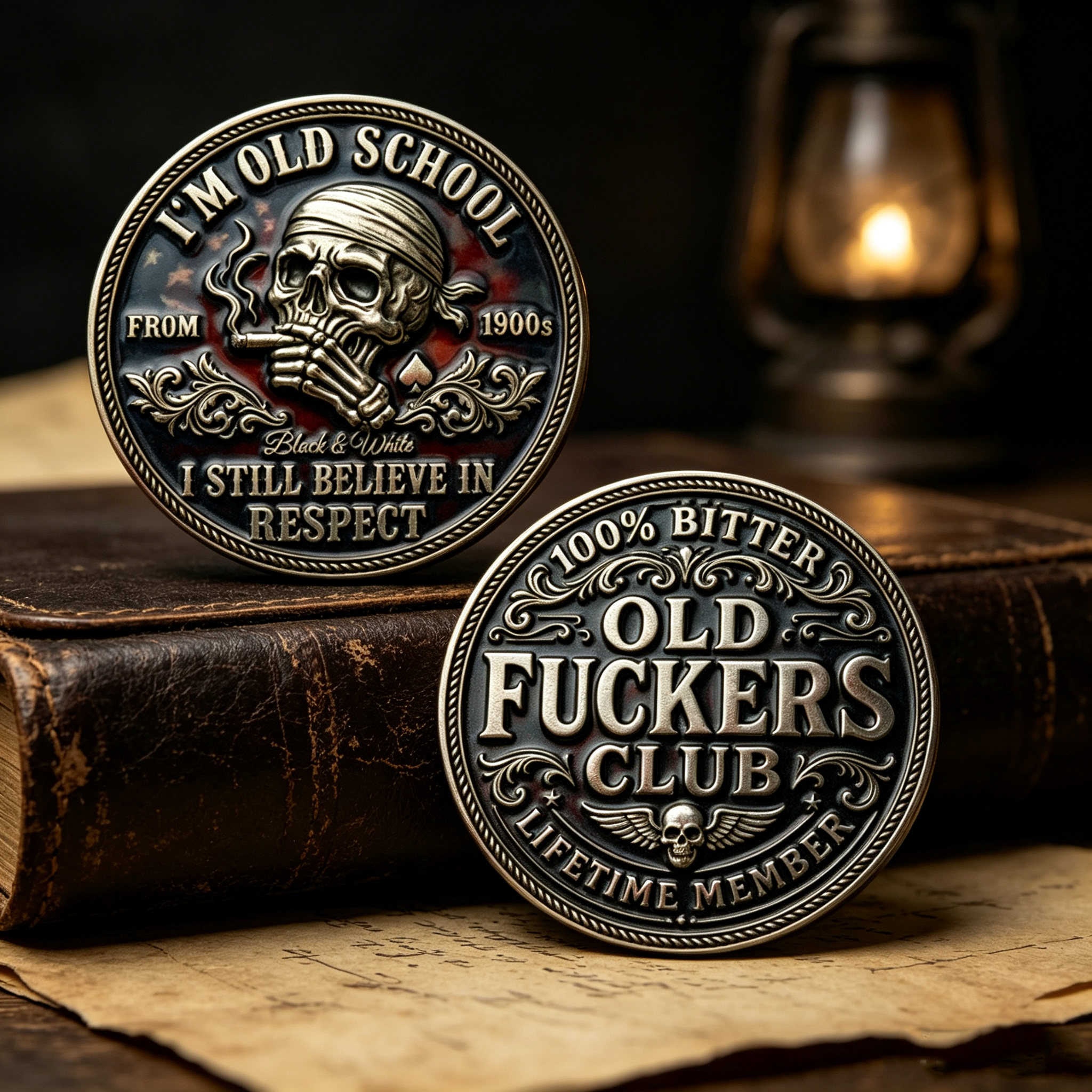 Old School Skull Challenge Coin, 100% Bitter Club Lifetime Member Collectible Coin, Vintage Skeleton Enamel Pocket Coin