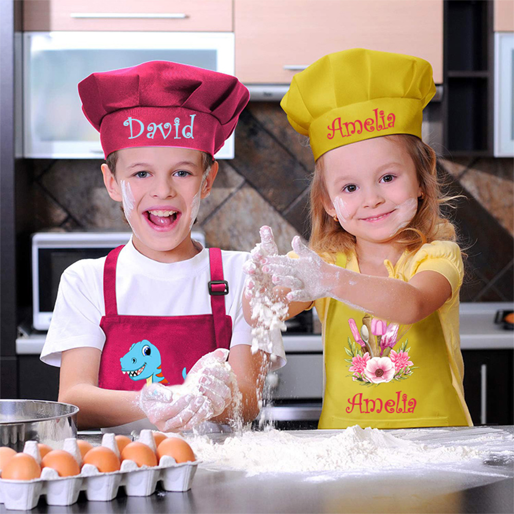 Personalized Kids Chef Apron and Hat Set Custom Name Colorful Gift for Kids