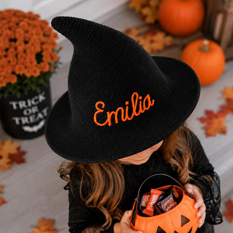 Personalized Kids Witch Hat Custom Name Halloween Costume Accessory Matching Sibling Black Pointed Hat