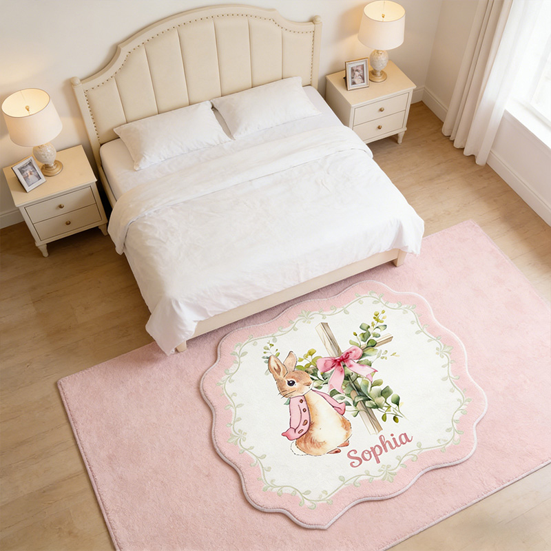 Personalize Floral Bow Cross Rabbit Rug with Custom Name Home Decor Religious Rug Faith Based Gift Easter Gift Christian Gift for Kids