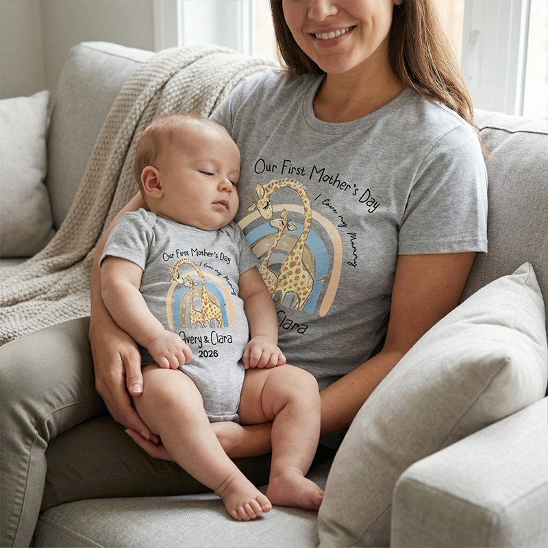 Personalized Cute Bear Bunny Giraffe 100% Cotton T-Shirt and Baby Onesie Our First Mother's Day T-shirt Funny Mummy and Baby Gift Mama and Me tee Baby bodysuit