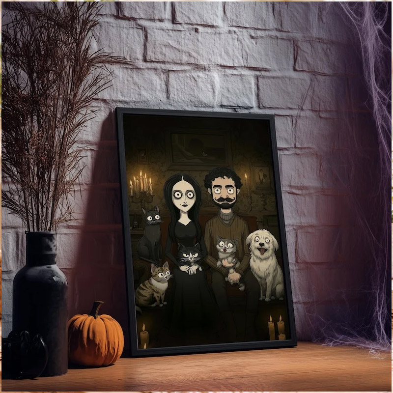 Personalized Gothic Family Portrait with Pets Custom Poster Spooky Season Halloween Wall Art Family Illustration from Your Photo