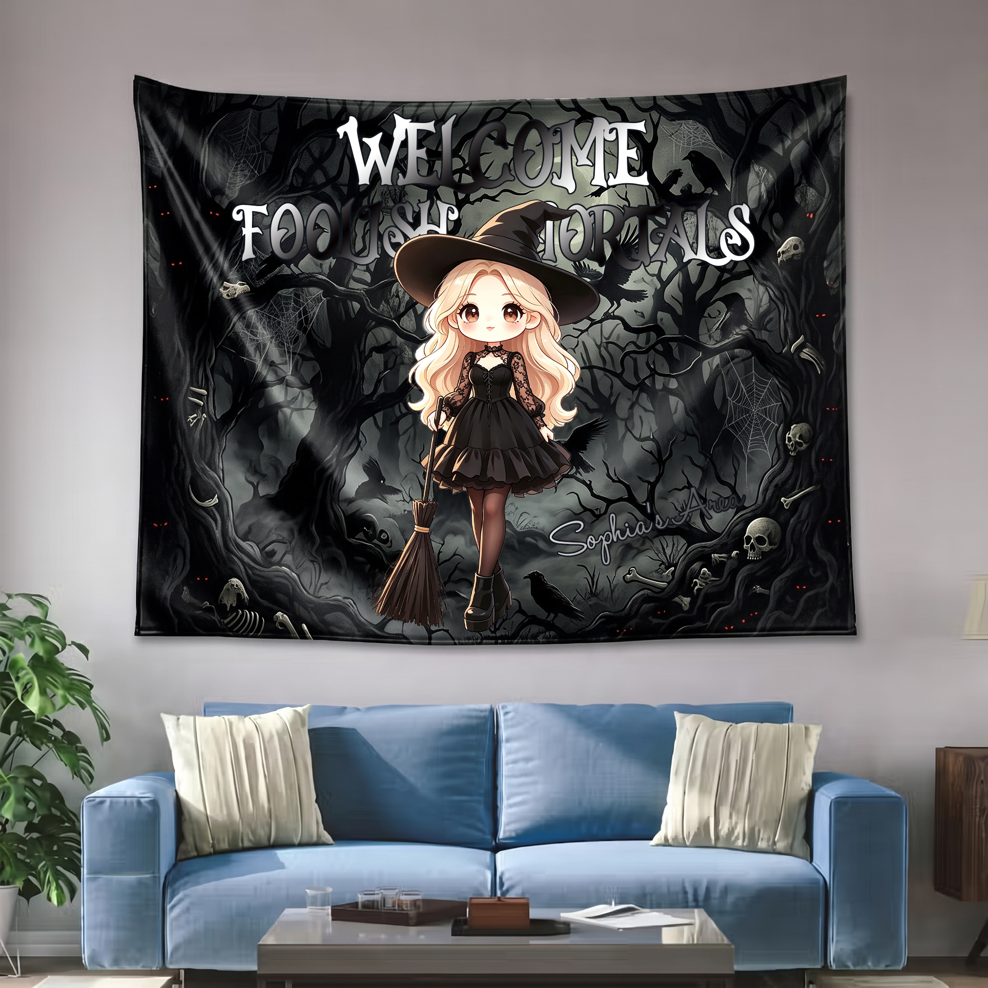 Personalized Halloween Design Tapestry with Cute Character Name Halloween Wall Decor Gift for Family