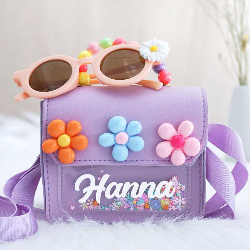 Personalized Kids Crossbody Flower Purse Custom Name Glitter Handbag Rainbow Beaded Handle Gift for Gilr