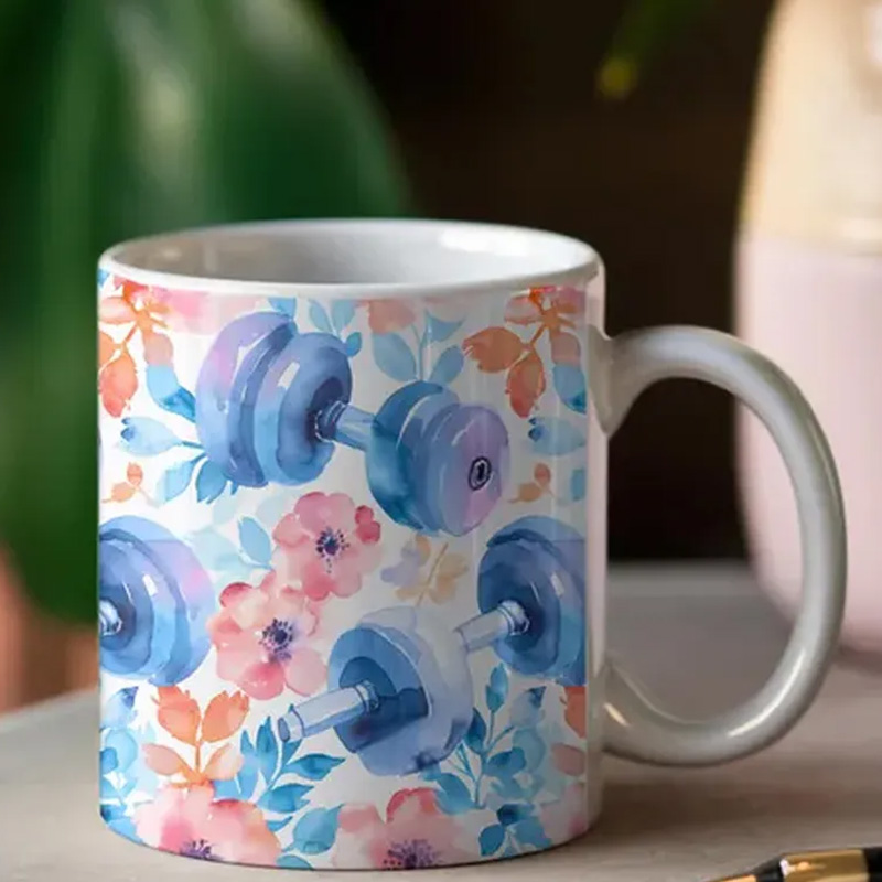 Personalized Couple Mug Floral Gym Weights Coffee Mug Watercolor Fitness Gift for Gym Lover