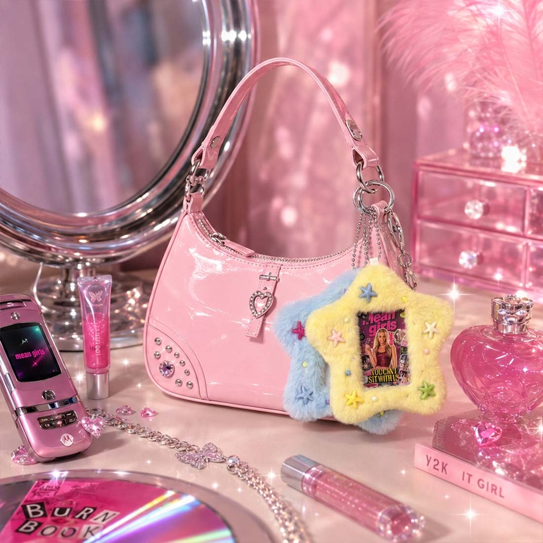 Mean Girls Fluffy Star Card Holder Keychain Y2K You Cant Sit With Us Photo Wallet Cute Bag Charm & ID Case