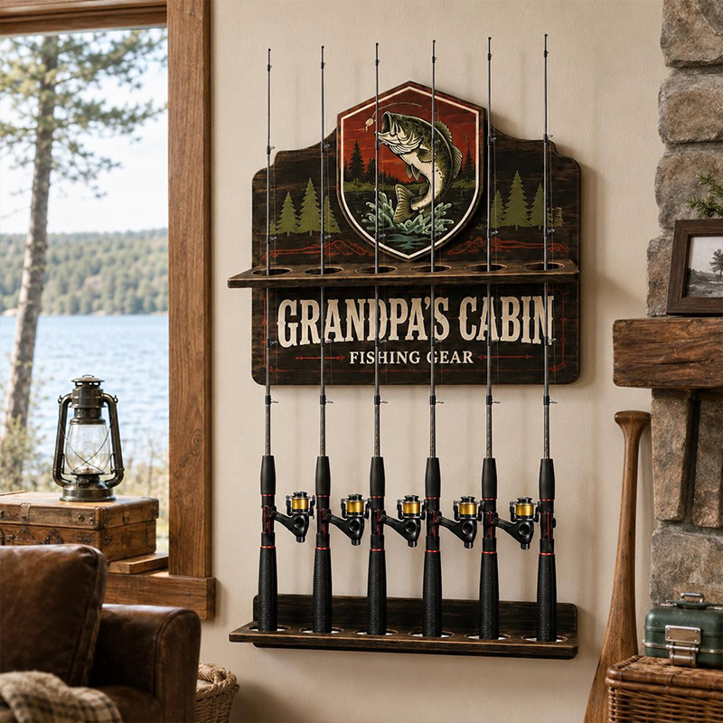 Personalized Fishing Rod Holder Fishing Rod 6-Rod Holder Custom Name Wall Mount Wood Construction Bass Fishing Station Sign Dad Grandpa Fishing Gift