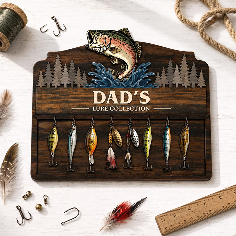 Personalized Reel Cool Dad Fishing lure Collection Holder Custom Fisherman Gift for Dad Uncle Grandpa Wooden Fishing Pole Organizer Bass Fish Wall Decor