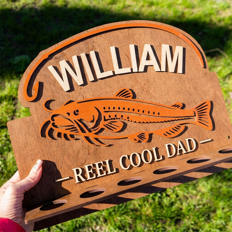 Personalized Reel Cool Dad Fishing Rod Rack 6 Rods Wooden Fishing Pole Holder Wall Mount Custom Fishing Gif Fisherman Dad Birthday Gift Man Cave Deco