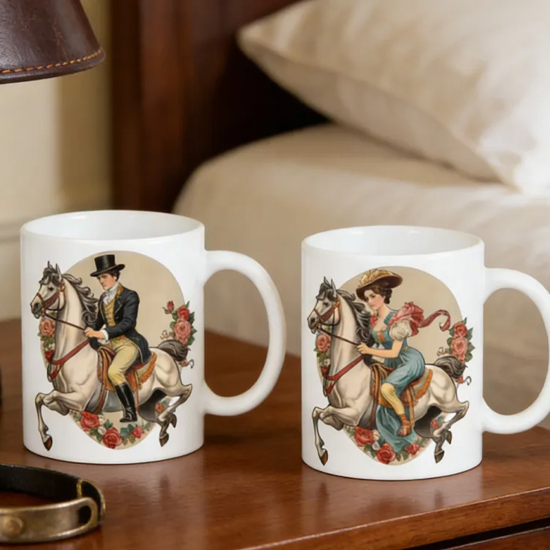 Personalized Couple Mug Victorian Equestrian Art Coffee Mug for Riding Lovers