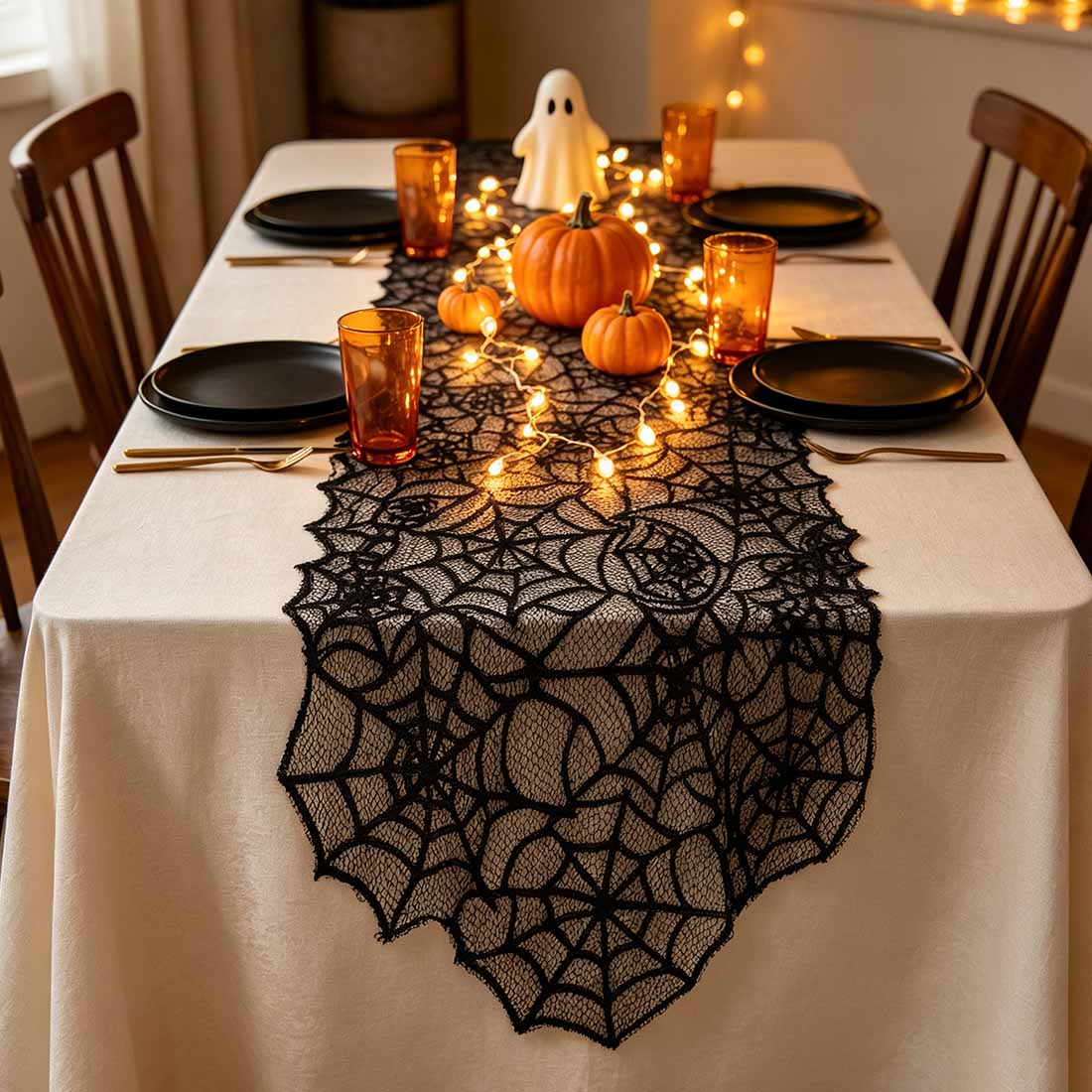 Black Spider Web Lace Table Runner Halloween Party Tablescape Decor Gothic Spooky Dining Centerpiece