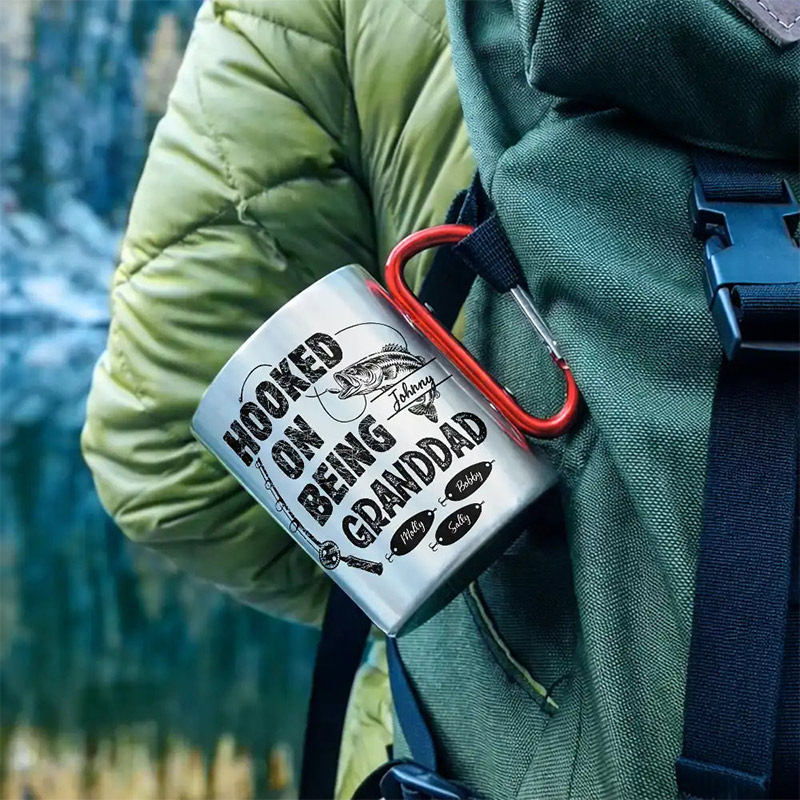 Personalized Hooked On Being Grandpa Carabiner Mug Custom Fishing Mug with Kids Names Fishing Lover Gift for Dad Grandpa