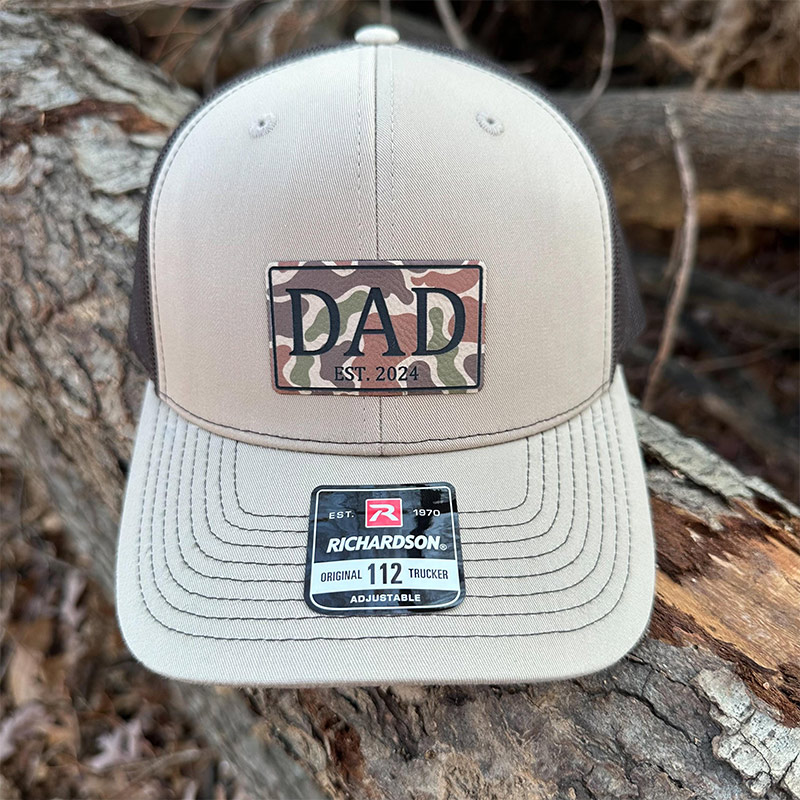 Personalized Dad Trucker Hat Dad Christmas Gift New Dad Gift Custom Trucker Hat Grandpa Leatherette Patch Hat Outdoors Camo