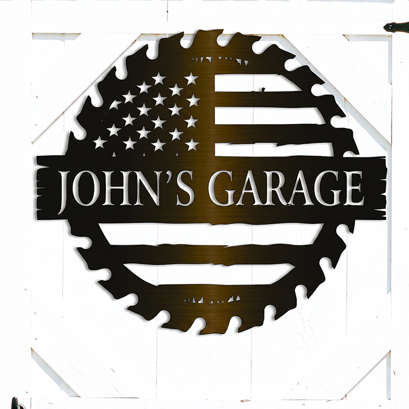 Personalized Metal Sign for Dad Custom Papa's Workshop Sign Patriotic USA Waving Flag Flag Sign Sawblade Gift for Dad Grandpa