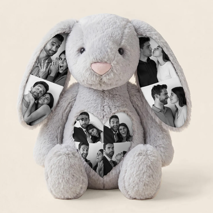Personalized Photo Bunny Plush  Custom Hidden Ear Stuffed Animal Memory Keepsake Rabbit Gift for Couples Bestie