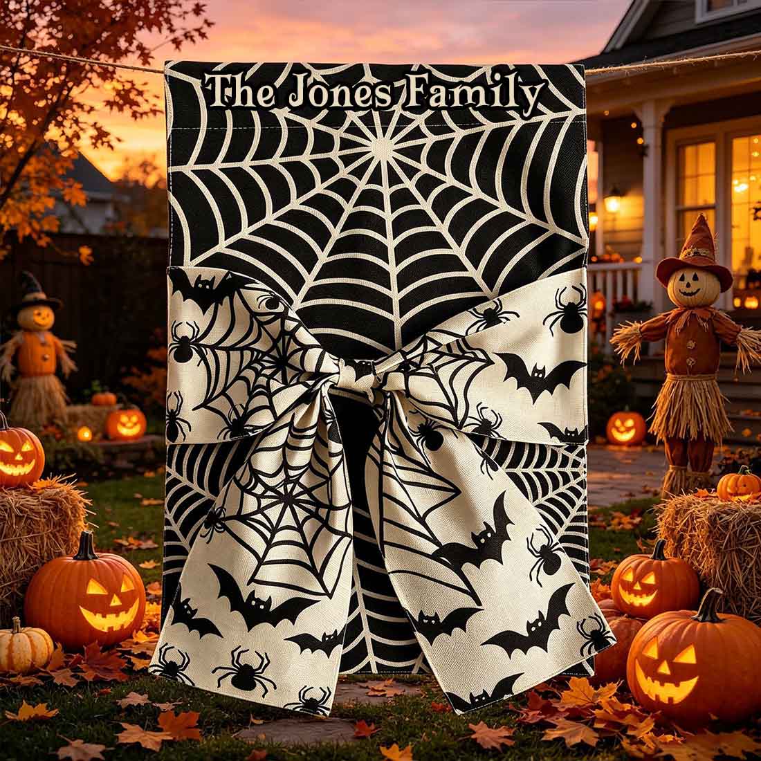 Personalized Halloween Garden Flag Spider Web & Bat Design with Custom Family Name Welcome Yard Decor with 3d Bow