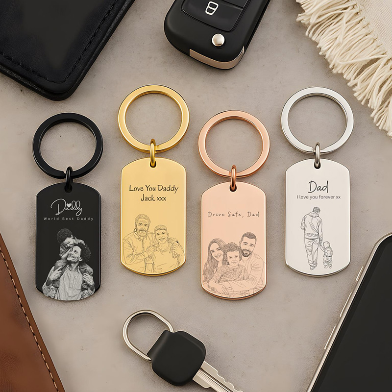 Personalized Photo Keychain Custom Engraved Sketch Keyring for Dad Memorial Stainless Steel Keepsake Birthday Gift for Him