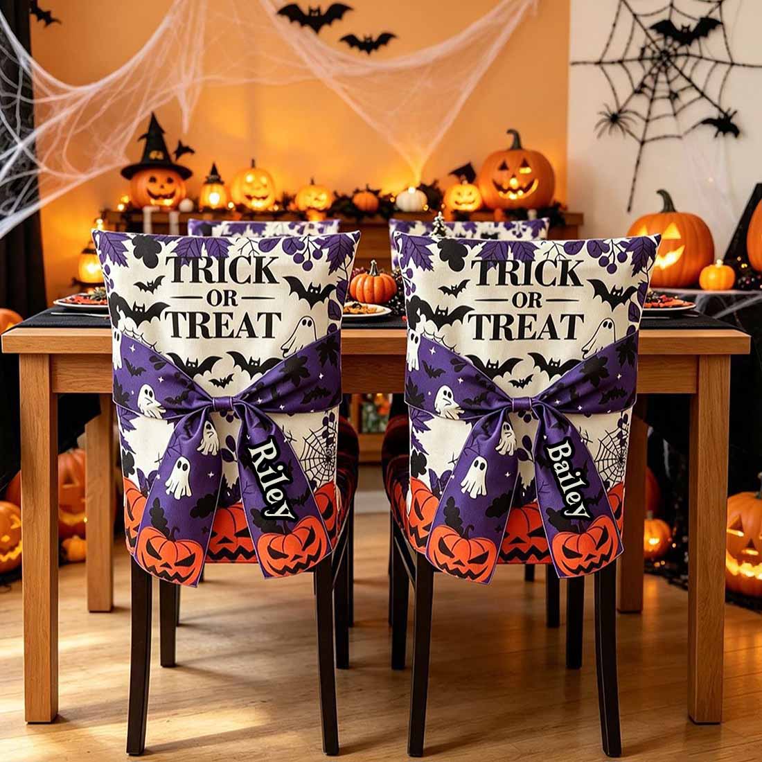 Personalized Trick or Treat Halloween Chair Cover  Ghost Bat & Pumpkin Design with Custom Name 3D Bow Dining Decor Set