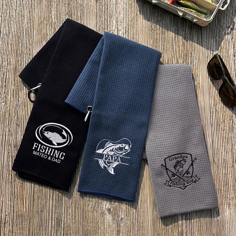 Personalized Dad Fishing Waffle Towel Monogram Embroidery Waffle Towel with Name and Hanging Clip Birthday Gift for Dad Grandpa Fishing Enthusiasts
