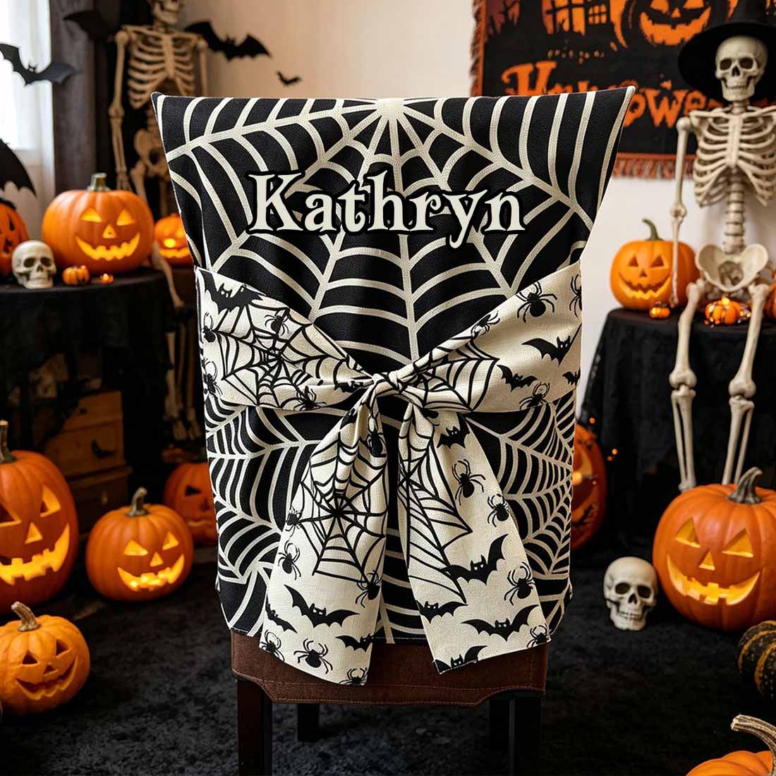 Personalized Halloween Spider Web Chair Cover Orange & Black Bat Design with Custom Name & 3D Bow Dining Party Decor