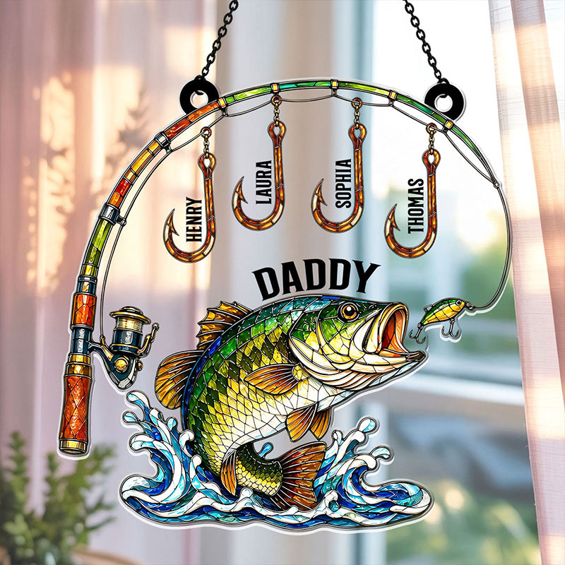 Personalized Fishing Daddy Acrylic Suncatcher with Kids Names Custom Fishing Lover Gift for Dad Grandpa