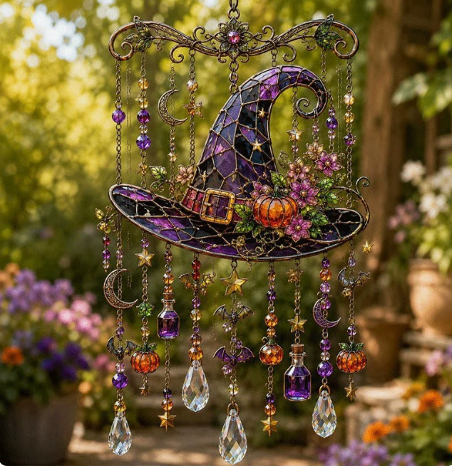 Halloween Witch Hat Suncatcher Wind Chime, Stained Glass Style Window Decor, Gothic Porch Hanging Gift for Witchy Fall Party Homes