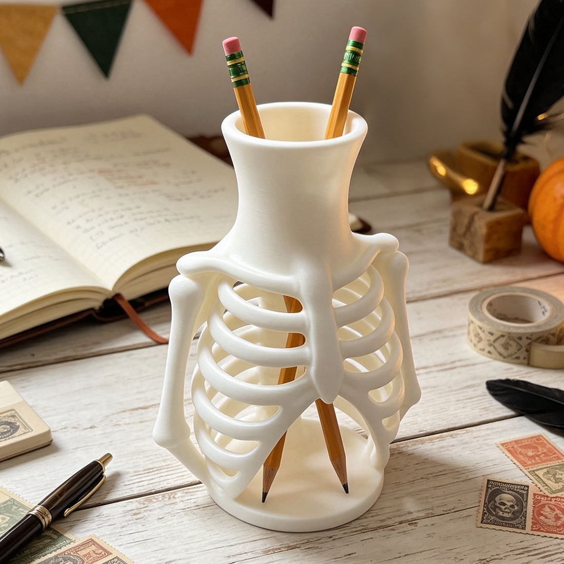Skeleton Rib Cage Vase & Pen Holder 3D Printed Gothic Bone Vase Halloween Decor Dark Floral Display & Desk Organizer