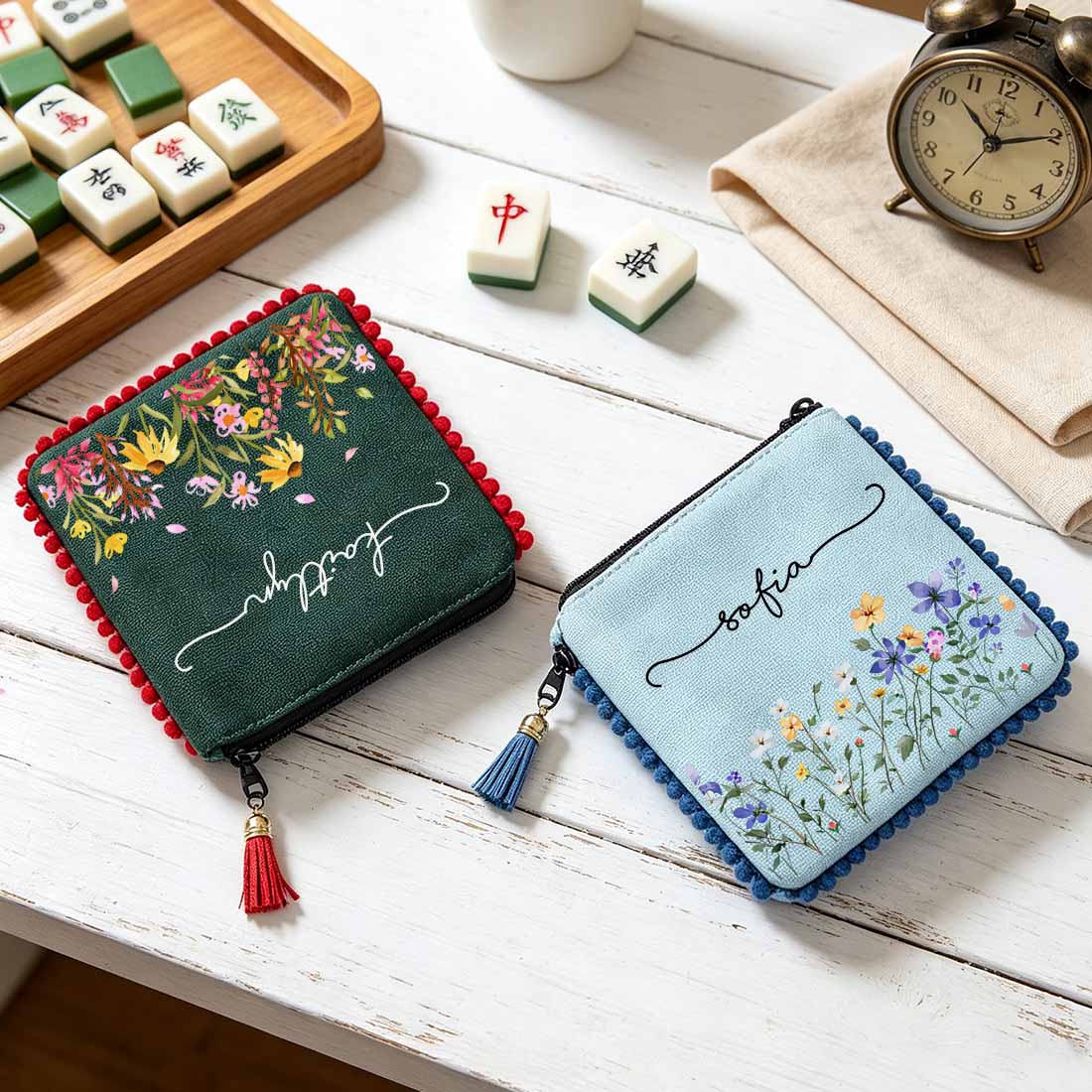 Personalized Birth Flower Dice Bag Custom Name Floral Zipper Pouch with Pom Pom Trim & Tassel  Game Night Gift for Mahjong Board Games & More