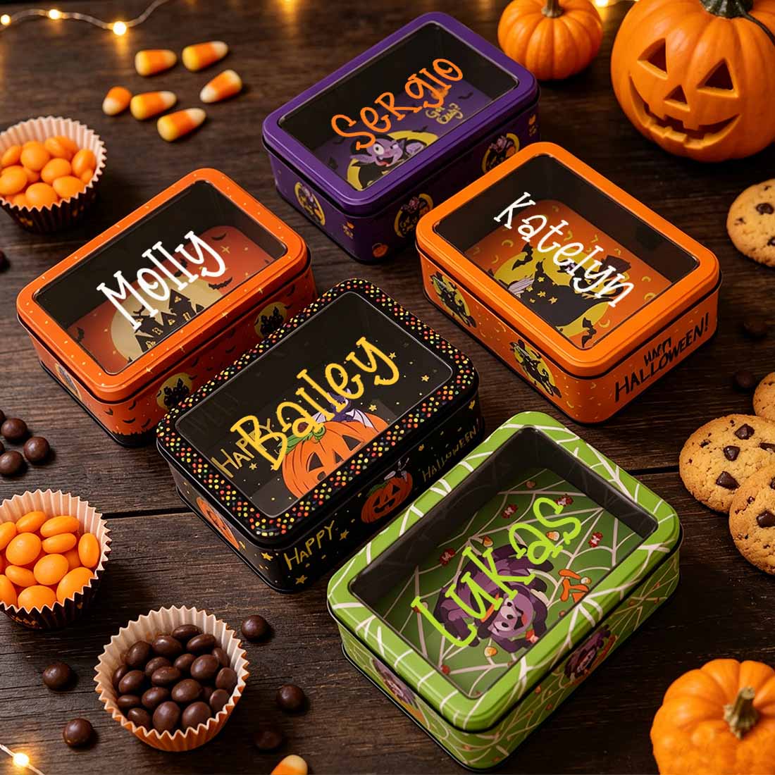 Personalized Halloween Candy Tin Box Custom Name Cookie & Treat Container with Window Lid Spooky Gift Box for Kids