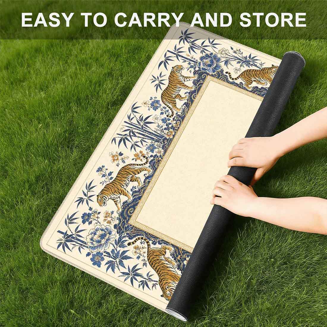 Tiger & Peony Mahjong Mat Blue and Gold Chinoiserie Game Mat with Non Slip Rubber Base