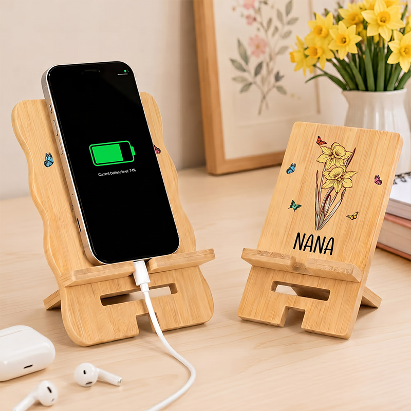 Personalized Retro Birth Flower Butterfly Wooden Phone Holder with Name Custom Grandma Mom Phone Holder Office Home Daily Use Birthday Gift for Family