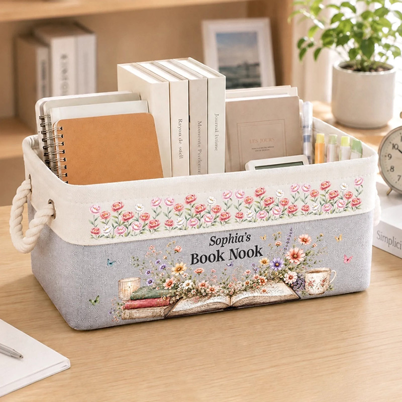 Personalized Book Storage Basket Custom Birth Flower Book Basket With Name Bookish Gifts For Book Lovers Bookworms Happiness Is A Full Bookshelf