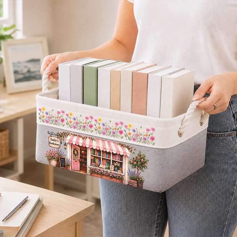 Personalized Birth Flower Book Basket With Name Custom Floral Canvas Storage Bin Book Lover Decor Organizing Basket Gift For Librarian