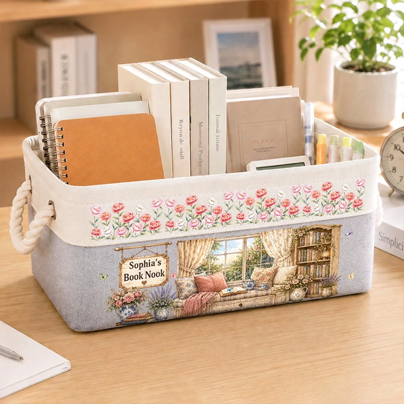Personalized Birth Flower Book Storage Basket with Name Custom Bookish Gifts For Book Lovers Bookworms Readers Where Peonies And Books Greet You