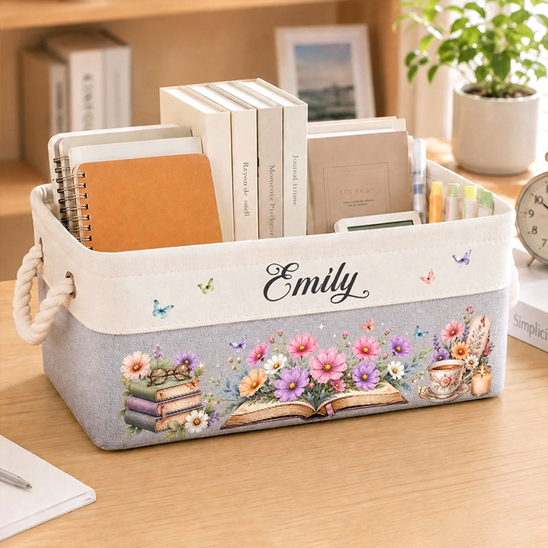 Personalized Birth Flower Book Basket With Name Custom Floral Canvas Storage Bin Book Lovers Gift Organizing Basket Gift For Librarian